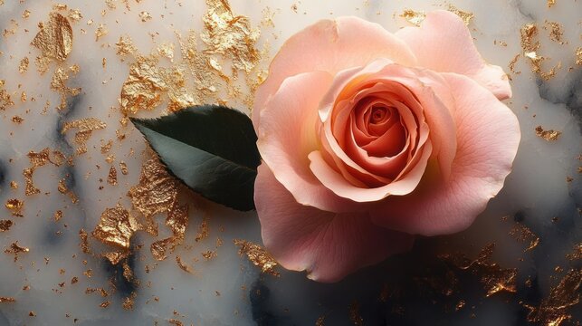 delicate peach rose with a single green leaf resting on white marble sprinkled with gold flakes, elegant romantic still life