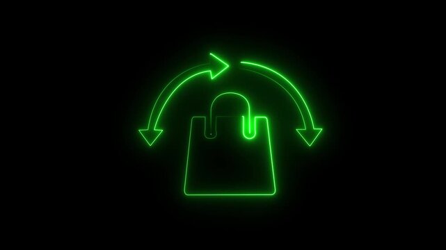 Glowing neon green shopping bag with circular arrows animation on a black background, e-commerce returns, product exchange, retail policy, or customer service