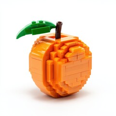 Obraz premium Orange Fruit Made of Orange Lego Bricks with Green Leaf and Brown Stem Isolated on White