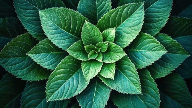 Top-down close-up of a symmetrical rosette of vibrant green serrated leaves radiating calm and freshness
