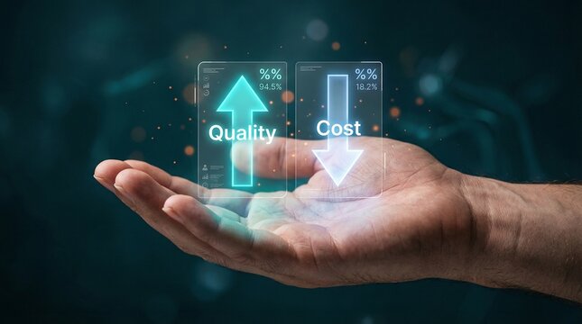 Elevated Quality and Reduced Cost: A hand cradles a pair of transparent blocks, symbolizing an increase in quality and a decrease in cost, conveying a core business concept.