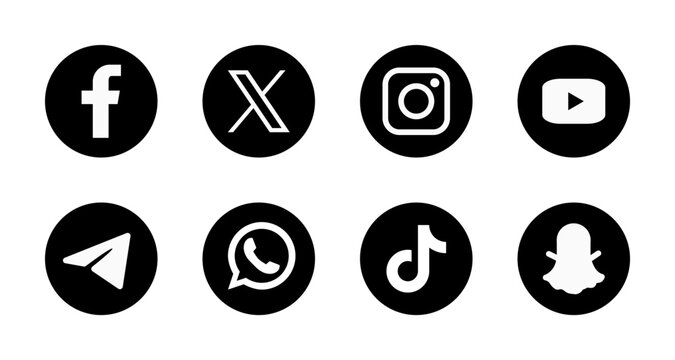 popular social network logo icons collection, social media logotypes, facebook, x, twitter, instagram, youtube, telegram, whatsapp, tiktok, snapchat