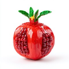 Naklejka premium Realistic Pomegranate Fruit Made of Red Lego Bricks Isolated on White Studio Background