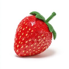 Naklejka premium Realistic Strawberry Made of Red Lego Bricks with Green Stem Against White Background