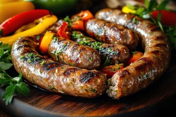 Fototapeta premium mouthwatering grilled sausages with charred grill marks on a wooden board garnished with fresh parsley and colorful roasted bell peppers, sizzling and juicy
