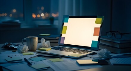 Naklejka premium Messy desk with laptop and sticky notes at night, representing stress, burnout, and overload in remote work lifestyle