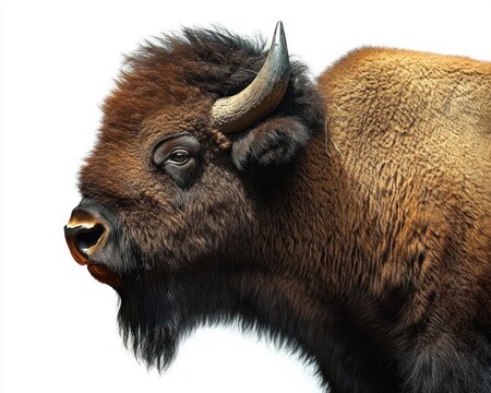 close-up profile of a majestic bison with dense brown fur, curved horn and calm stoic expression on a clean white background
