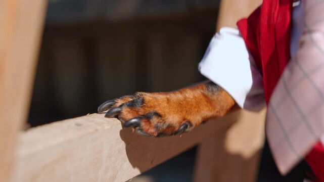 A close-up of a black and tan dachshund's paw as it taps on a wooden beam to avoid superstition.