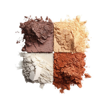 Four squares of different colored cosmetic powders arranged together against a dark backdrop. isolated on transparent background