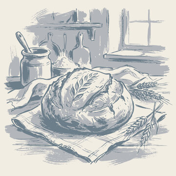 Artisan sourdough bread vector illustration drawing, vintage rustic hand drawn sketch style homemade boule on kitchen table, starter jar, scored sourdough loaf, wheat stalks, organic bakery graphic