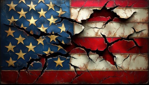 Weathered cracked american flag with gold stars on blue field and distressed red and white stripes, peeling paint, rust and deep fissures evoking decay, tension and unrest