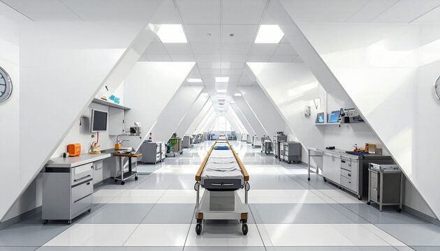 Modern Hospital Corridor with Medical Equipment and Stretcher.