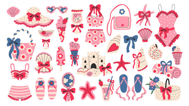 Coquette Summer Beach Elements Set. Cute Vintage Pink Coastline Collection with Retro Swimsuit, Sea Shells, Bows, Drink, Cocktail, Starfish, Accessories. Flat Vector illustration