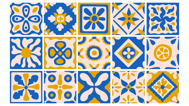 Floral Mediterranean Tile Set. Modern Abstract Summer Amalfi Background Collection with Hand Drawn Minimal Geometric Shapes and Flower Blossoms. Vector Illustration