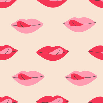 Lips Tongue Lick Seamless Pattern. Minimal Playful Feminine Background with pink and red woman mouth. Hand Drawn Flat vector illustration.