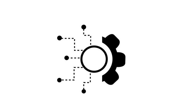 Half-gear icon connected by dashed lines to multiple dots animation on a white background, system, process, technology, or settings
