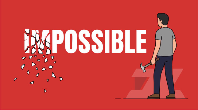 Man Holding Hammer Inspires Breaking Barriers with the Word Impossible Dissolving into Pieces