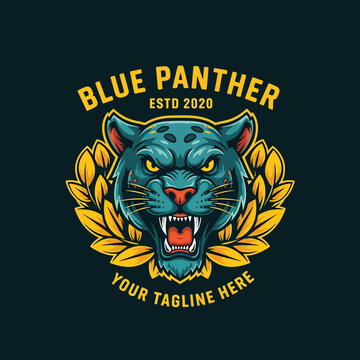 Roaring blue panther head vector illustration, fierce animal emblem with golden laurel wreath.