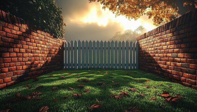Serene sunlit yard with a tall white picket gate between brick walls, green lawn with fallen leaves, and a warm sunset glow.
