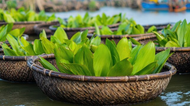 地元の農家は川の水かごから植物を収穫します