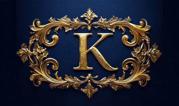 ornate gold letter k monogram framed by baroque floral filigree on deep blue background conveying luxurious regal elegance