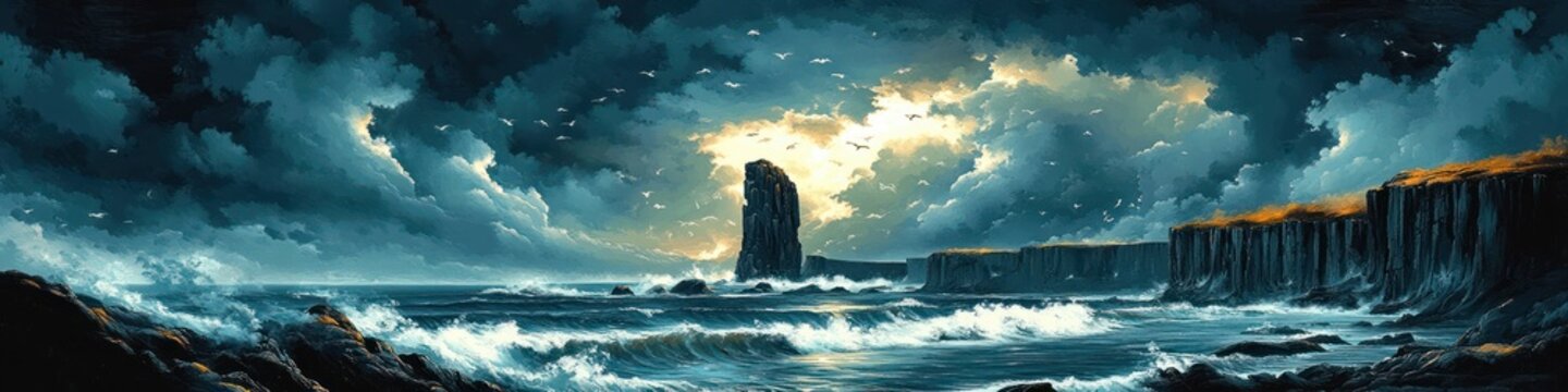 Stormy coastal seascape with towering sea stack, crashing waves, dark cliffs and golden light breaking through clouds, evoking awe and tension