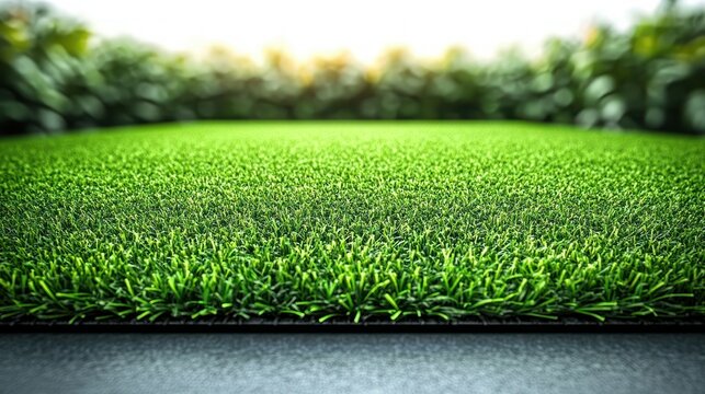low-angle close-up of vibrant green grass lawn with visible edge on a paved border, blurred hedge background and warm sunlight conveying a fresh inviting peaceful mood