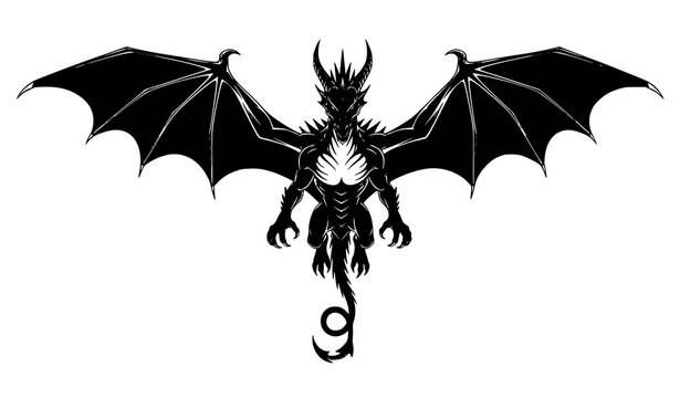 Top-down flying dragon silhouette vector with wings, horns, and spiked crest for fantasy illustration