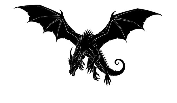 Side-view flying dragon silhouette vector with spiked crest and horns for fantasy and tattoo art