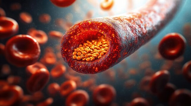 close-up view inside a blood vessel with textured walls, yellow-orange plaque spheres filling the lumen and surrounded by red blood cells, evoking alarm and urgency