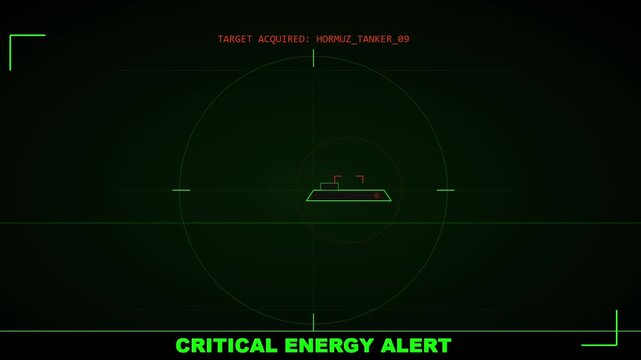 Military HUD Interface Showing Target Acquired on Oil Tanker in Strait of Hormuz with Critical Energy Alert News animation 