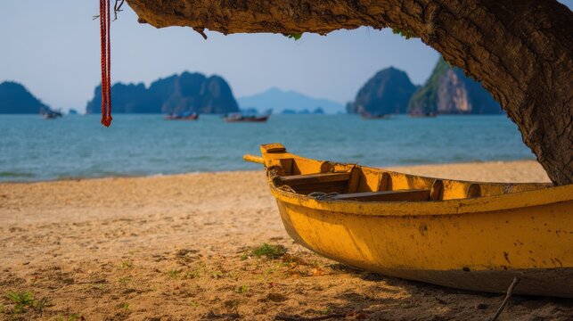 砂浜に浮かぶ黄色いボート。背景には島々が見える