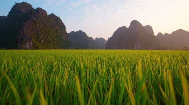 ベトナムの日の出の緑と岩だらけの丘