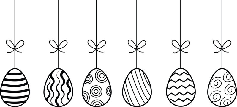 Easter hanging decorated eggs seamless border black and white outline illustration