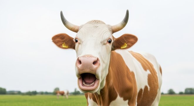 A brown and white cow with horns mooing in a green grassy field.
