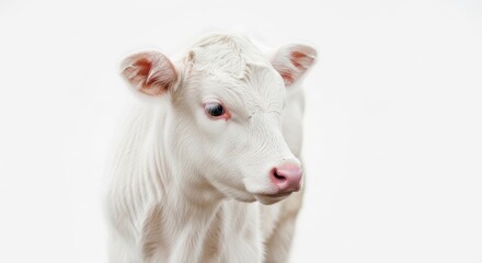 Obraz premium Close-up portrait of a cute white calf with pink nose on a bright background.