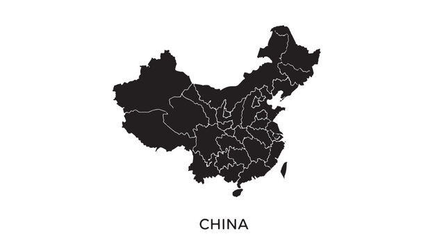 Map of China showing internal provinces and administrative divisions in silhouette on a white background with the country name displayed below.
