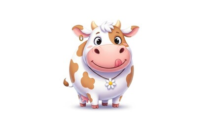 Fototapeta premium A cute cartoon cow with brown spots, big eyes, and a daisy necklace licking its nose.