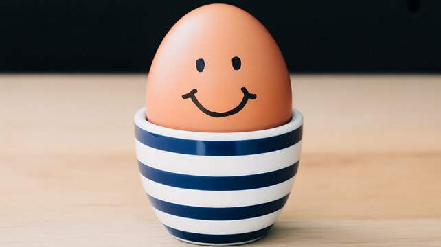 Cheerful brown egg with a hand drawn smiley face stands in a striped ceramic egg cup