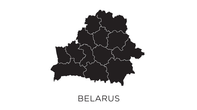 Map of Belarus with internal administrative divisions highlighted in black with white borders against a white background