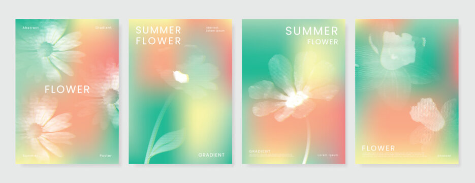 Summer Flower Abstract colorful gradient card background set. Minimalist poster with halftone elements for poster ads.