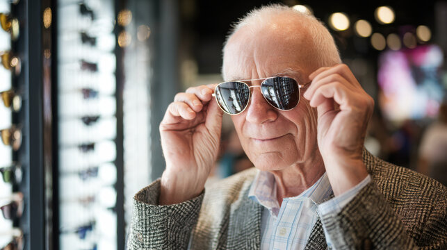 Senior man trying on aviator sunglasses in store
