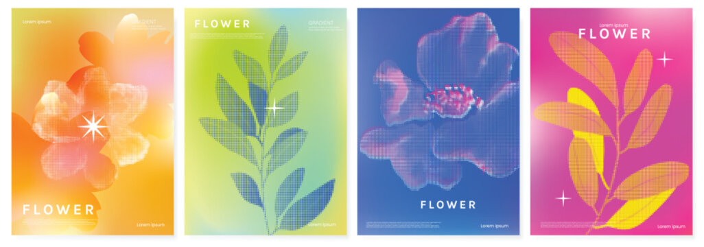 Summer Flower Abstract colorful gradient card background set. Minimalist poster with halftone elements for poster ads.