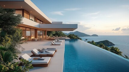 Fototapeta premium modern seaside villa with expansive infinity pool, lined sun loungers, tropical landscaping, glass facade terrace and serene ocean view at sunset, luxurious relaxing atmosphere