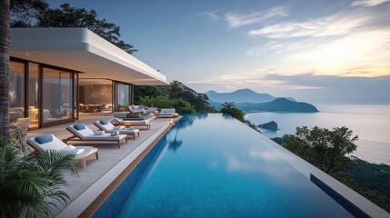 Fototapeta premium serene modern villa with infinity pool and sun loungers on a glass-walled terrace overlooking ocean islands at sunset