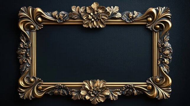 Ornate gilded rectangular frame with floral and scroll ornamentation on a dark textured background, evoking elegance and opulence