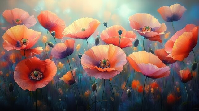 dreamy field of glowing coral and peach poppy flowers with tall stems and unopened buds bathed in soft morning light, serene and uplifting atmosphere