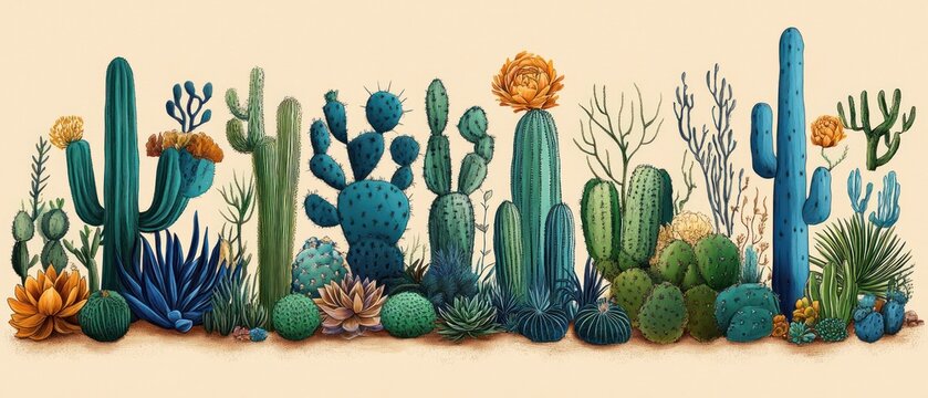 Vibrant desert border with diverse cacti and succulents in blue, teal, green, and orange; tall columnar shapes, rounded pads, and rosettes on a beige background