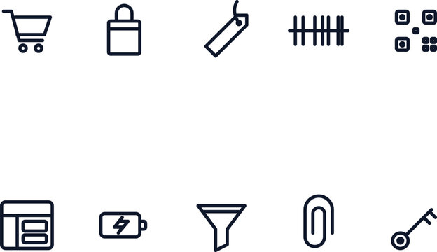Set of minimalist black outline icons featuring shopping cart bag price tag barcode QR code battery and paperclip key