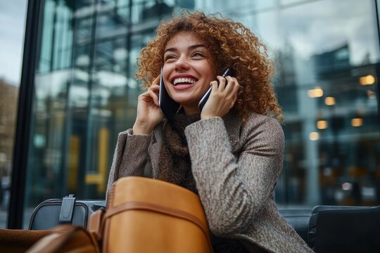curly-haired traveler in wool coat and scarf on phone beside suitcase and leather backpack outside a modern glass station, appearing focused and hurried